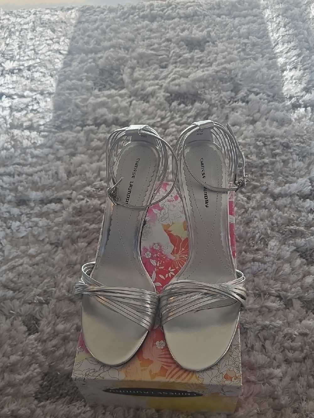 Chinese Laundry Silver Strappy Ankle-Heel Sandals